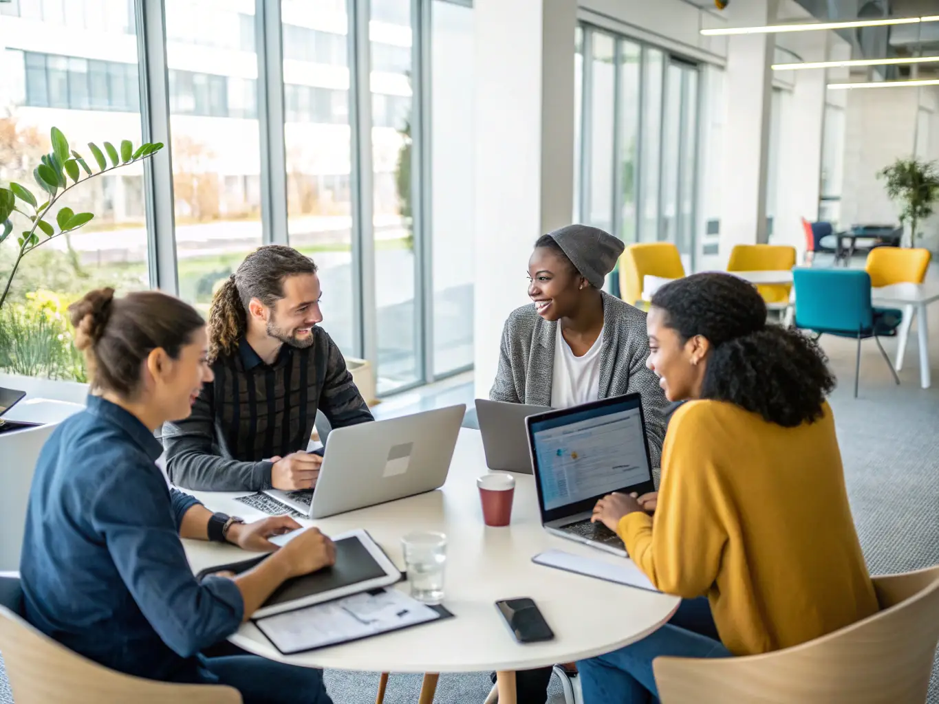 A diverse group of people collaborating around a large screen displaying the AI Website Builder interface, showcasing its collaborative and user-friendly nature.