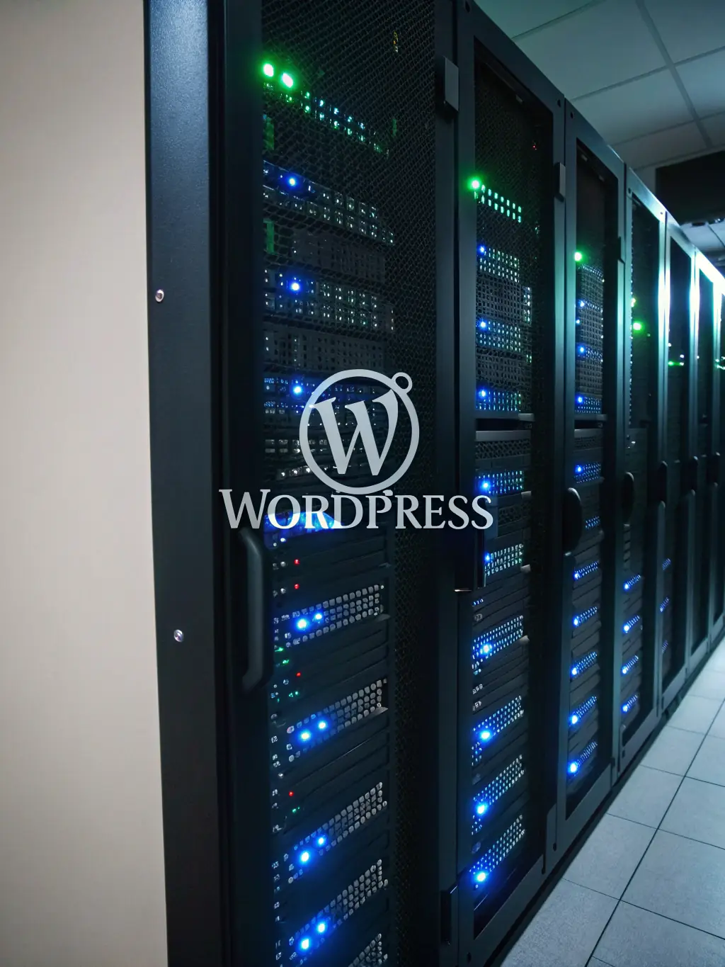 A high-speed server with the WordPress logo, symbolizing optimized WordPress hosting performance.
